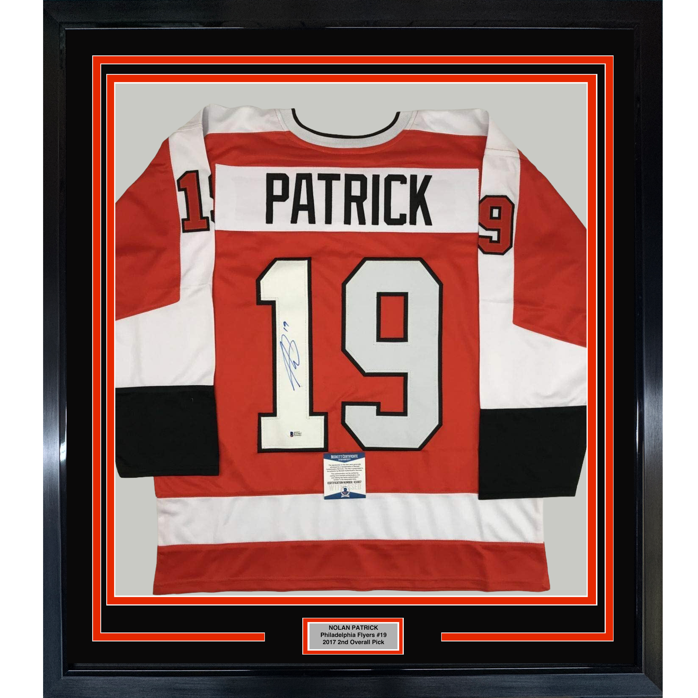 Framed Autographed/Signed Nolan Patrick 35x39 Philadelphia Orange Hockey Jersey Beckett BAS COA