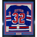 Framed Autographed/Signed Stephane Matteau 35x39 94 Cup New York Blue Hockey Jersey JSA COA