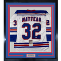 Framed Autographed/Signed Stephane Matteau 94 Champs 33xx42 New York White Hockey Jersey JSA COA