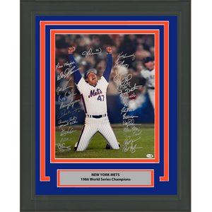Framed Autographed/Signed 1986 New York Mets Team 26x Sigs World Series Champions 16x20 Baseball Photo JSA COA