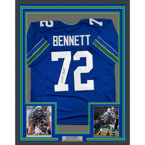 Framed Autographed/Signed Michael Bennett 35x39 Seattle Blue Retro Football Jersey JSA COA