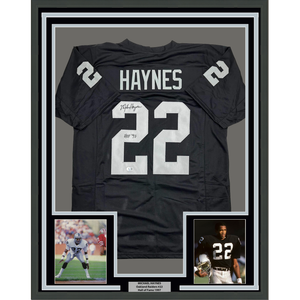 Framed Autographed/Signed Michael Mike Haynes 35x39 HOF 97 Oakland Black Football Jersey Beckett BAS COA
