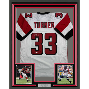 Framed Autographed/Signed Michael Turner 35x39 Atlanta White Football Jersey Beckett BAS COA