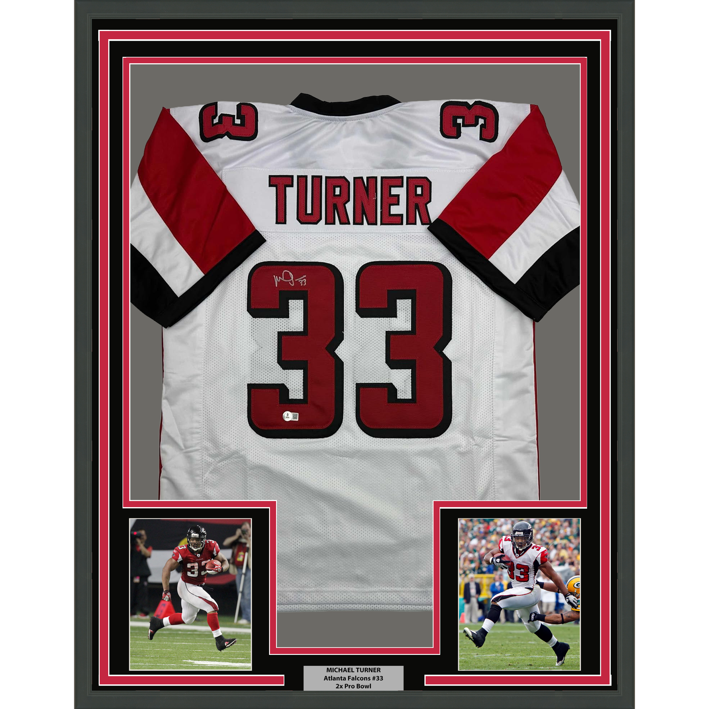 Framed Autographed/Signed Michael Turner 35x39 Atlanta White Football Jersey Beckett BAS COA