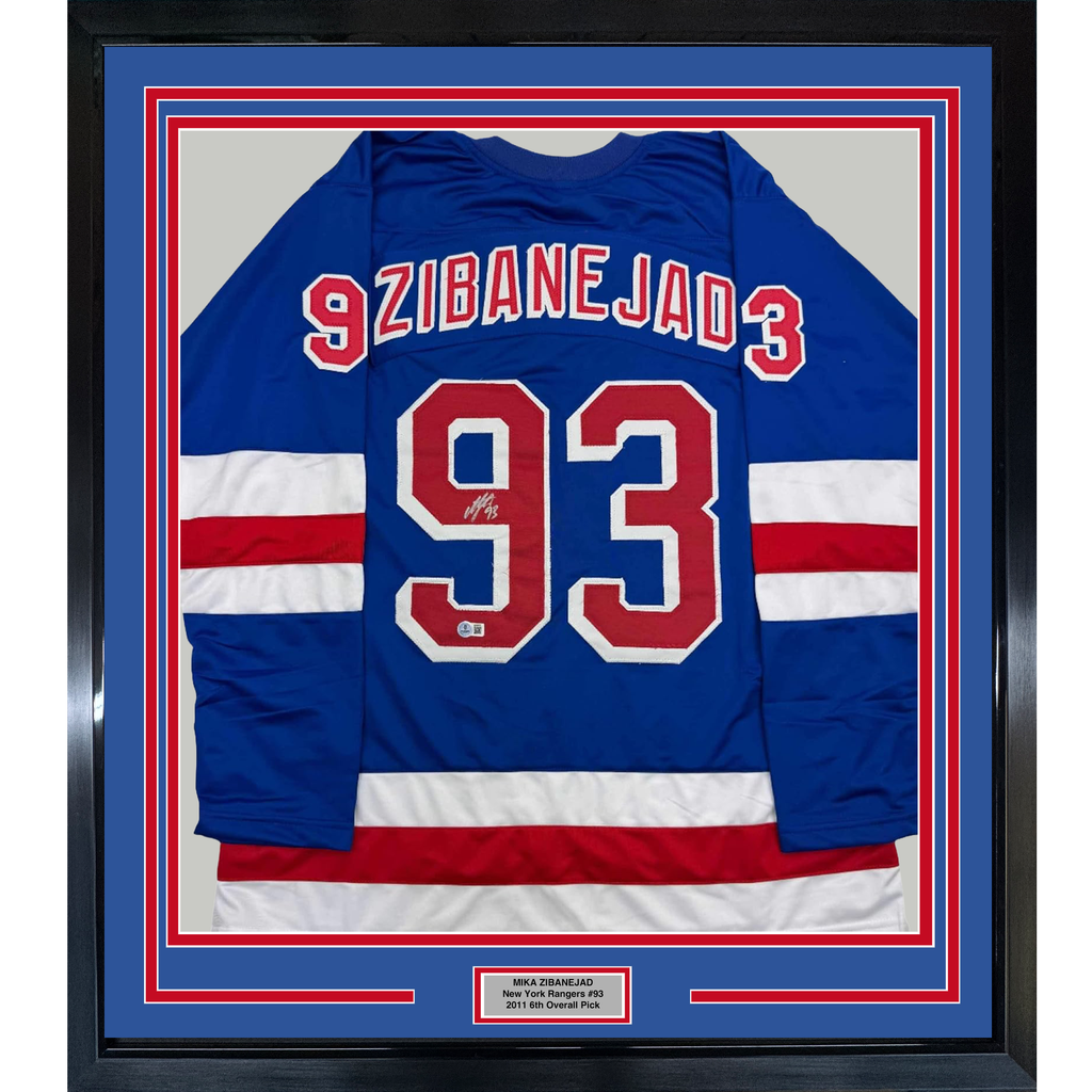 Framed Autographed/Signed Mika Zibanejad 35x39 New York Blue Hockey Jersey Beckett BAS COA