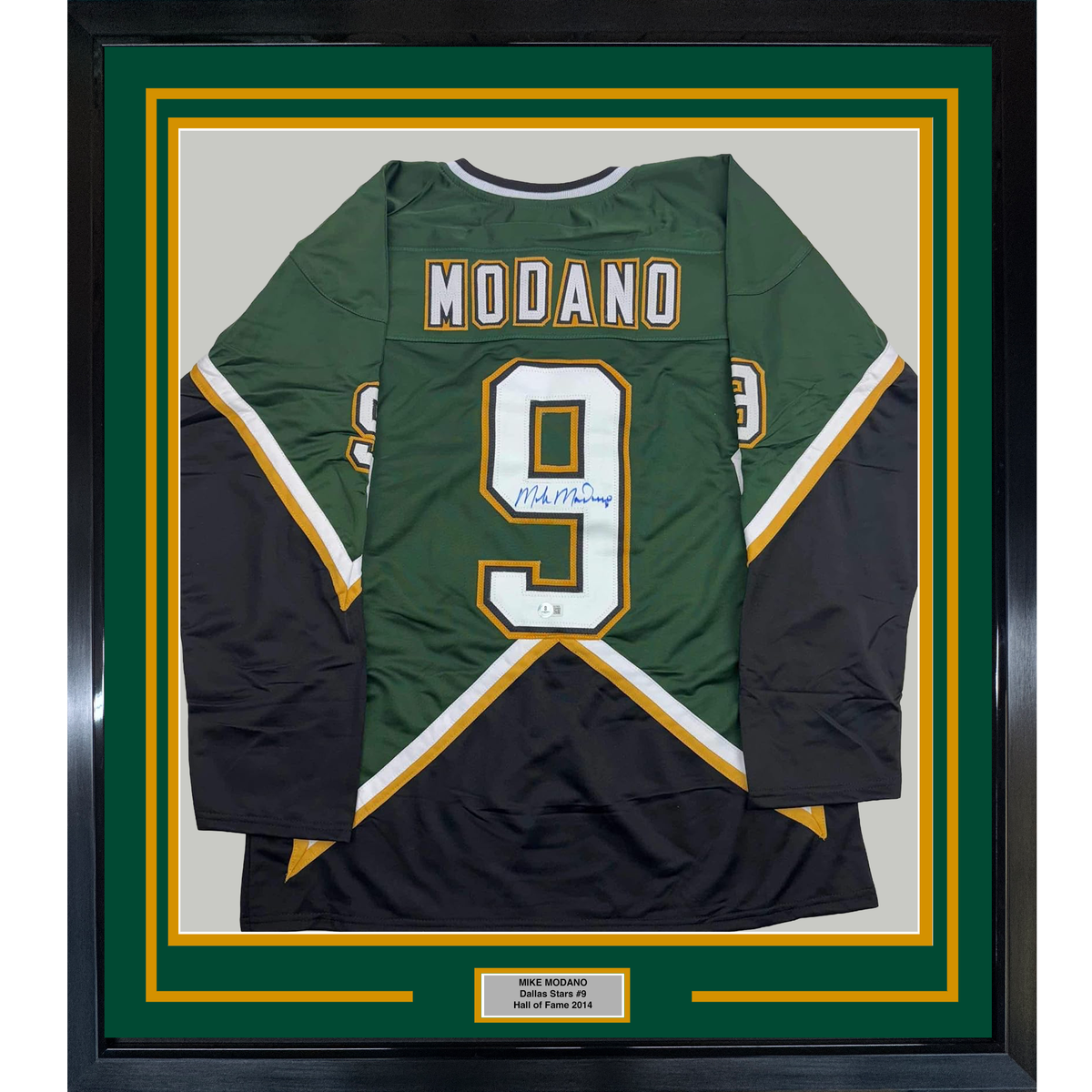 Framed Autographed/Signed Mike Modano HOF 2014 35x39 Dallas Dark Green Hockey Jersey Beckett BAS COA