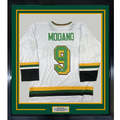 Framed Autographed/Signed Mike Modano 35x39 Minnesota White Hockey Jersey Beckett BAS COA