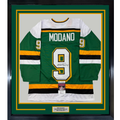 Framed Autographed/Signed Mike Modano HOF 2014 35x39 Minnesota Green Hockey Jersey Beckett BAS COA