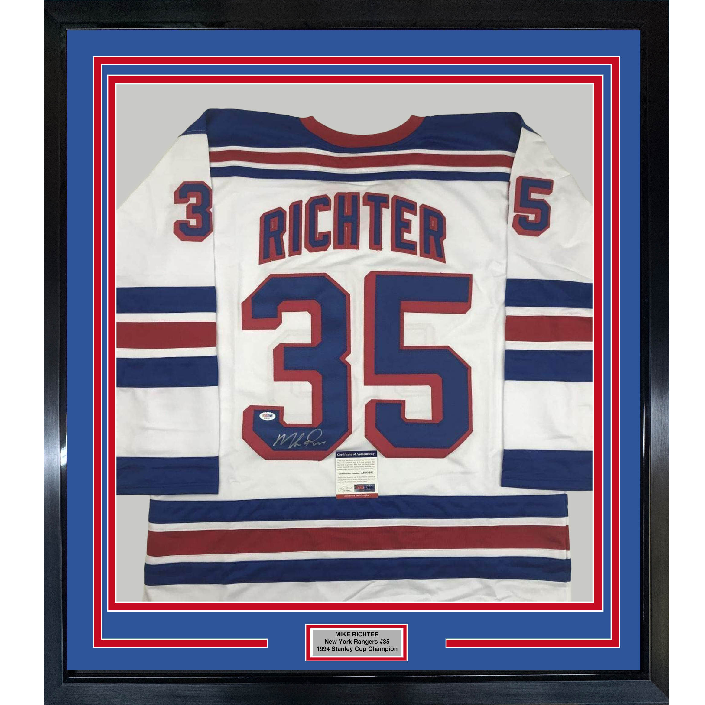 Framed Autographed/Signed Mike Richter 35x39 New York White Hockey Jersey PSA/DNA COA