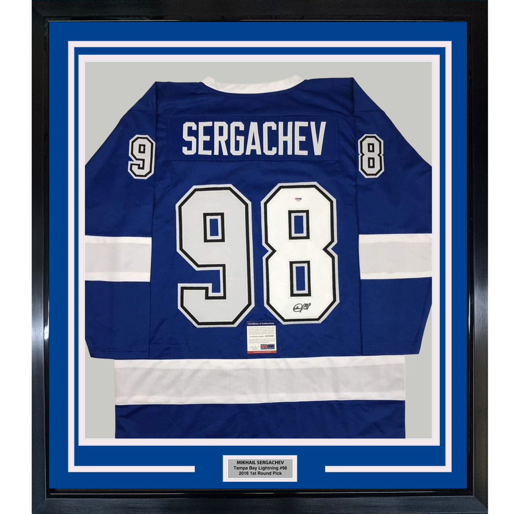 Framed Autographed/Signed Mikhail Sergachev 35x39 Tampa Bay Blue Hockey Jersey PSA/DNA COA