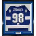 Framed Autographed/Signed Mikhail Sergachev 35x39 Tampa Bay Blue Hockey Jersey PSA/DNA COA
