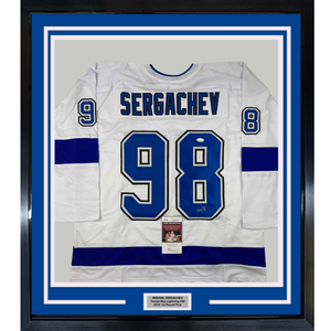 Framed Autographed/Signed Mikhail Sergachev 35x39 Tampa Bay White Hockey Jersey JSA COA