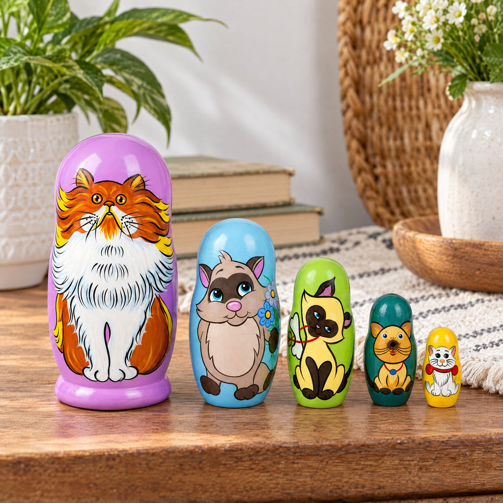 Set of 5 Colorful Cats Wooden Nesting Dolls 6 Inches