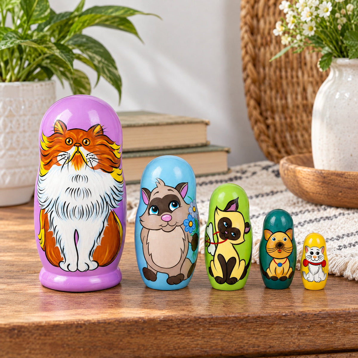 Set of 5 Colorful Cats Wooden Nesting Dolls 6 Inches