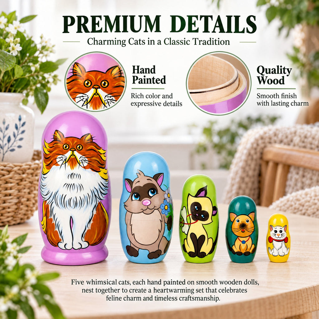 Set of 5 Colorful Cats Wooden Nesting Dolls 6 Inches