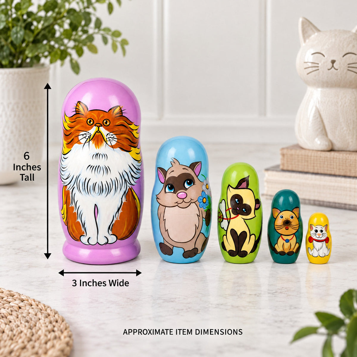 Set of 5 Colorful Cats Wooden Nesting Dolls 6 Inches