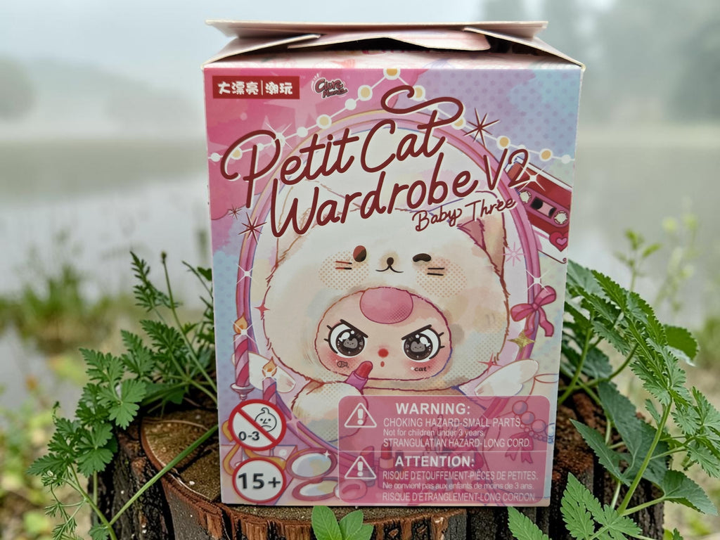 Momof2boyz BB3 Petit Cat Wardrobe v2 blind box toy set featuring a cute cat character in a fluffy outfit, with makeup accessories.