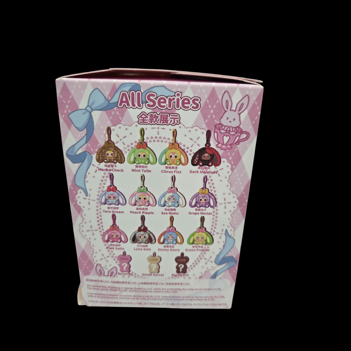 Momof2boyz Shop Baby Three Alice Rabbit Town collection box back showing various plush keychain character designs