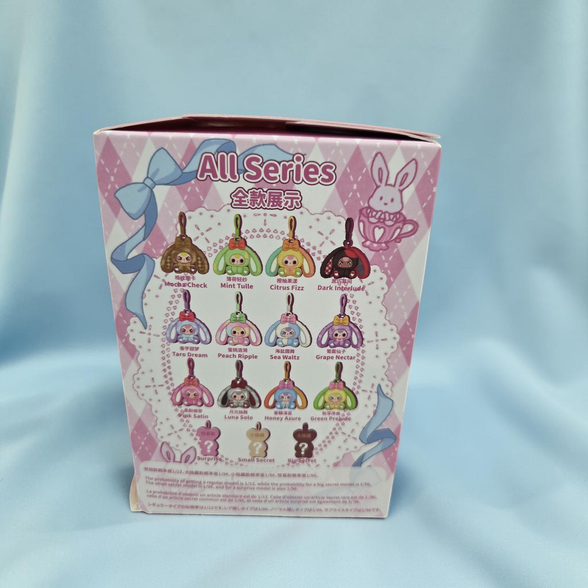 Momof2boyz Shop Baby Three Alice Rabbit Town collection box back showing various plush keychain character designs