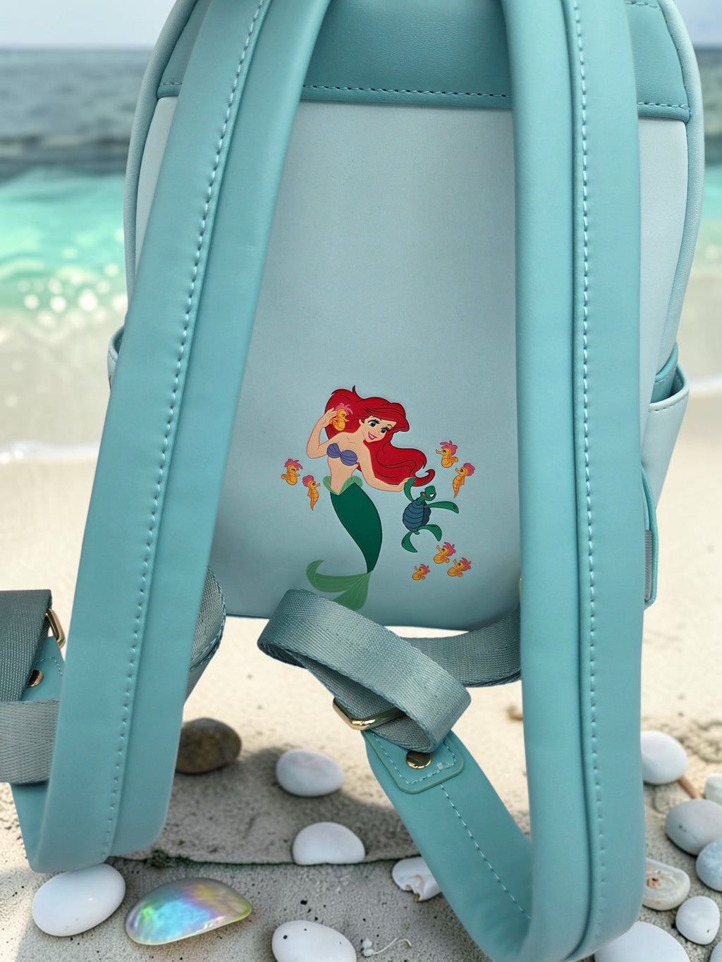 Momof2boyz Shop Disney Loungefly Little Mermaid mini backpack in light blue vegan leather with Ariel and Flounder print