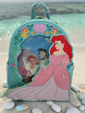 Momof2boyz Shop Disney Loungefly Little Mermaid Ariel mini backpack in light blue vegan leather with gold hardware.