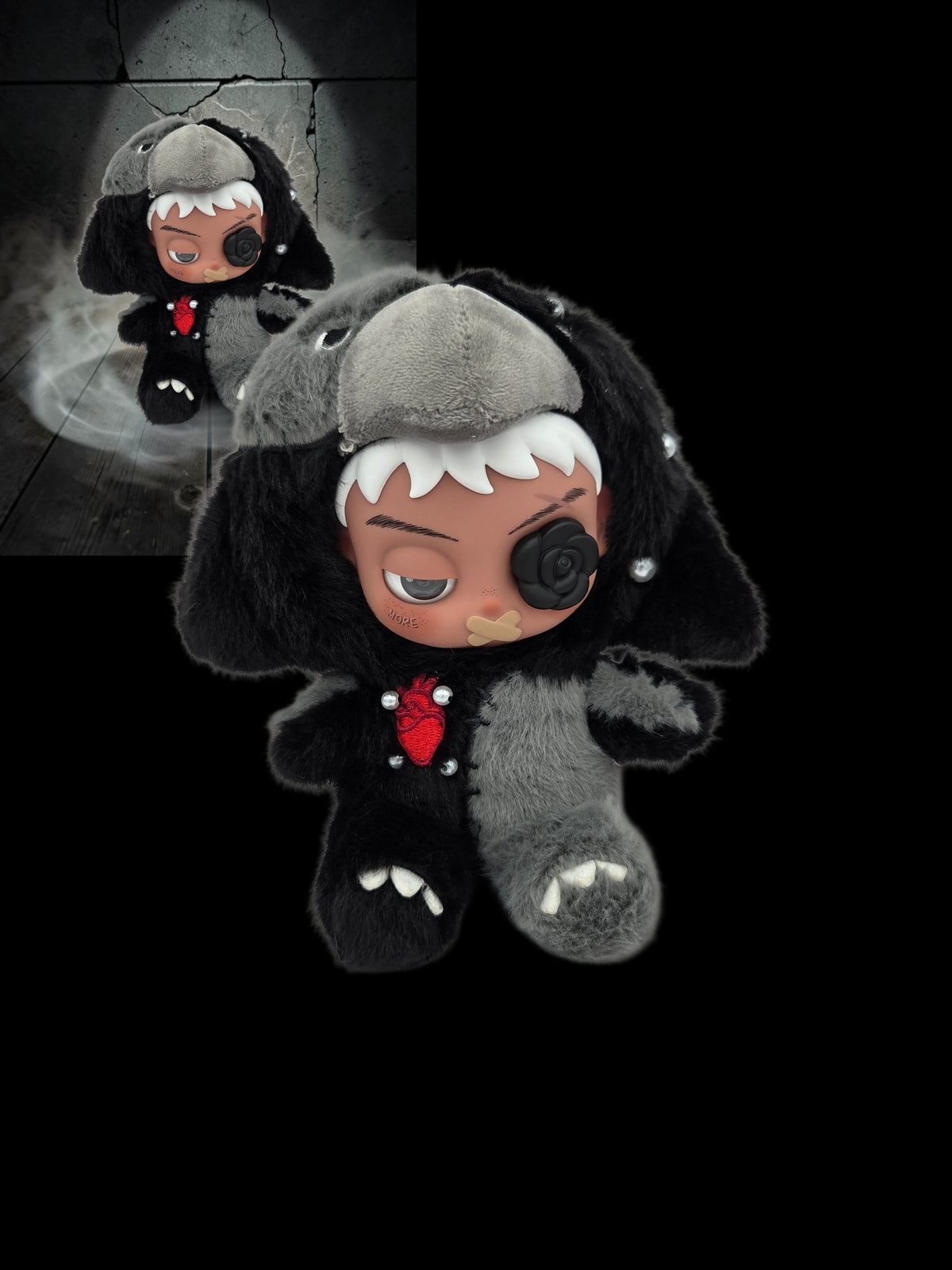 Momof2boyz Shop Ash The Seven Divine Melodies plush figure featuring a gothic wolf design with a red heart emblem.