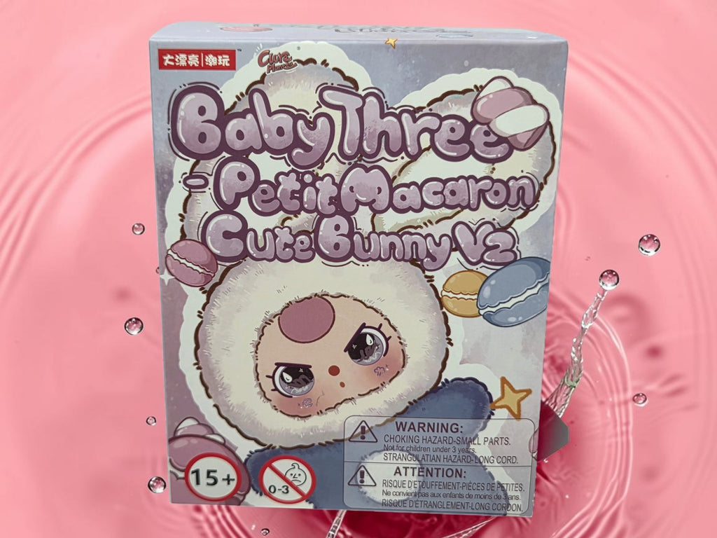 Momof2boyz Shop Baby Three Petit Macaron Cute Bunny V2 collectible plush toy box with whimsical character illustration