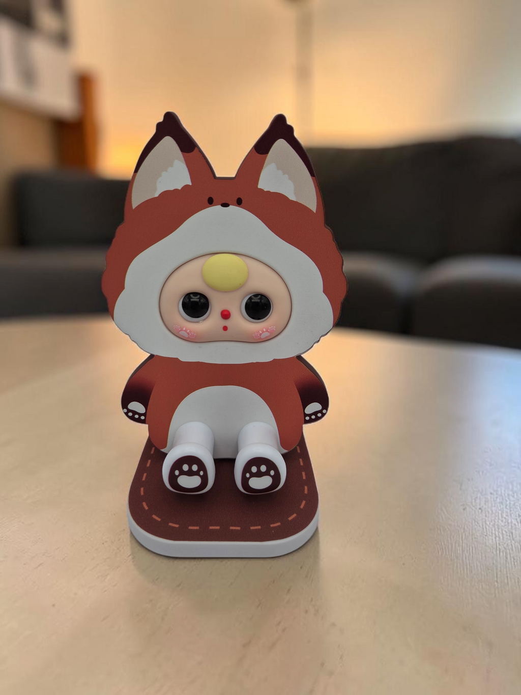 Momof2boyz Shop Baby Three BB3 TV stand featuring a cute fox character design on a sturdy tabletop base