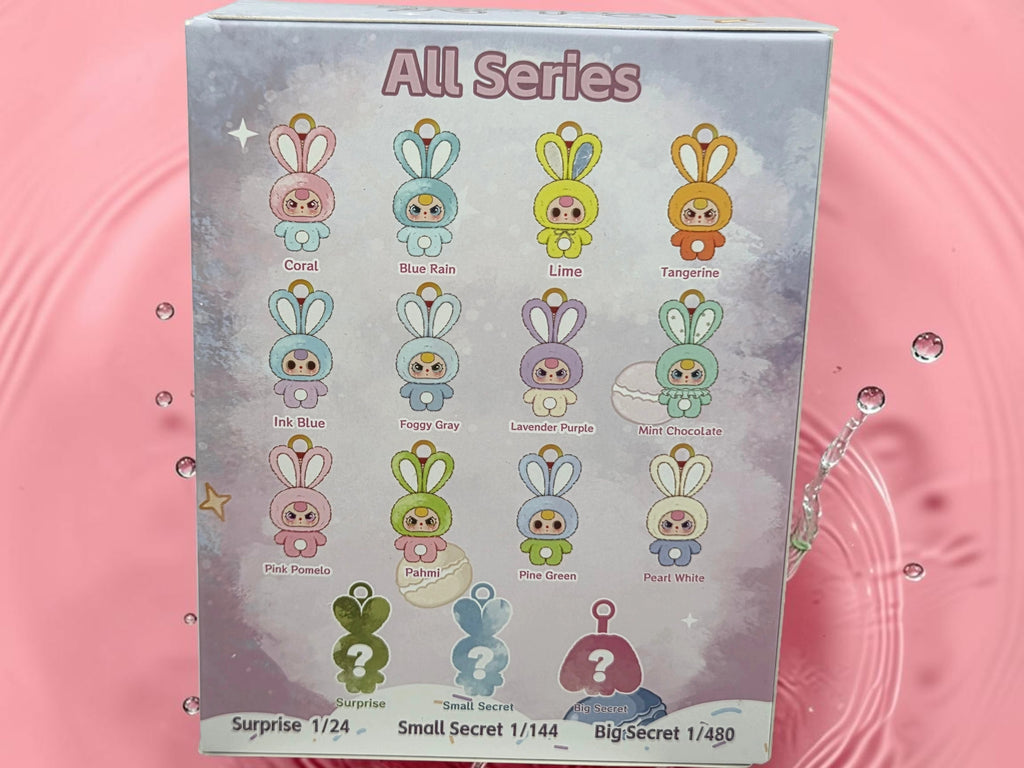 Momof2boyz Shop Baby Three Petit Macaron bunny plush toy collection chart showing various colorful character designs