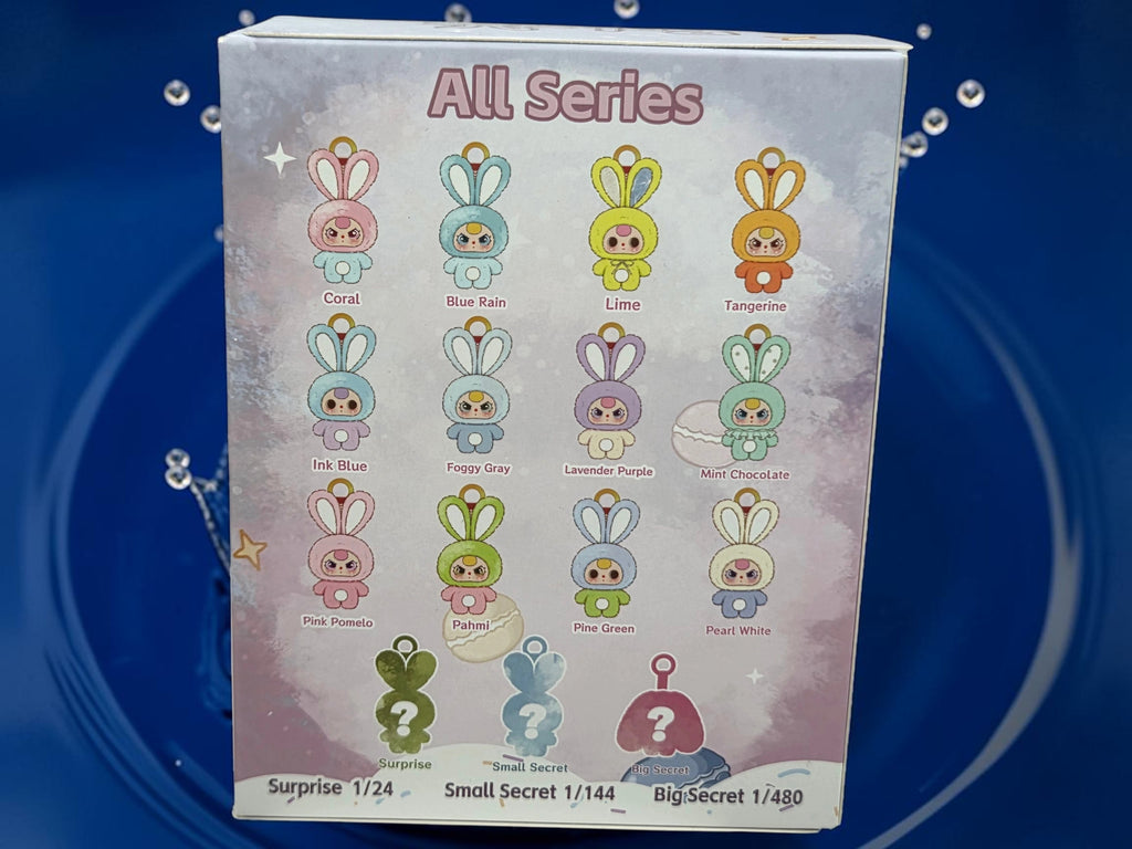 Momof2boyz Shop Baby Three Petit Macaron bunny plush collection box showing various colorful character designs.