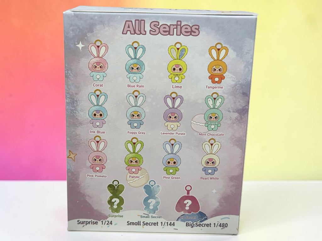 Momof2boyz Shop Baby Three Petit Macaron bunny plush toy collection chart showing various colorful character designs.