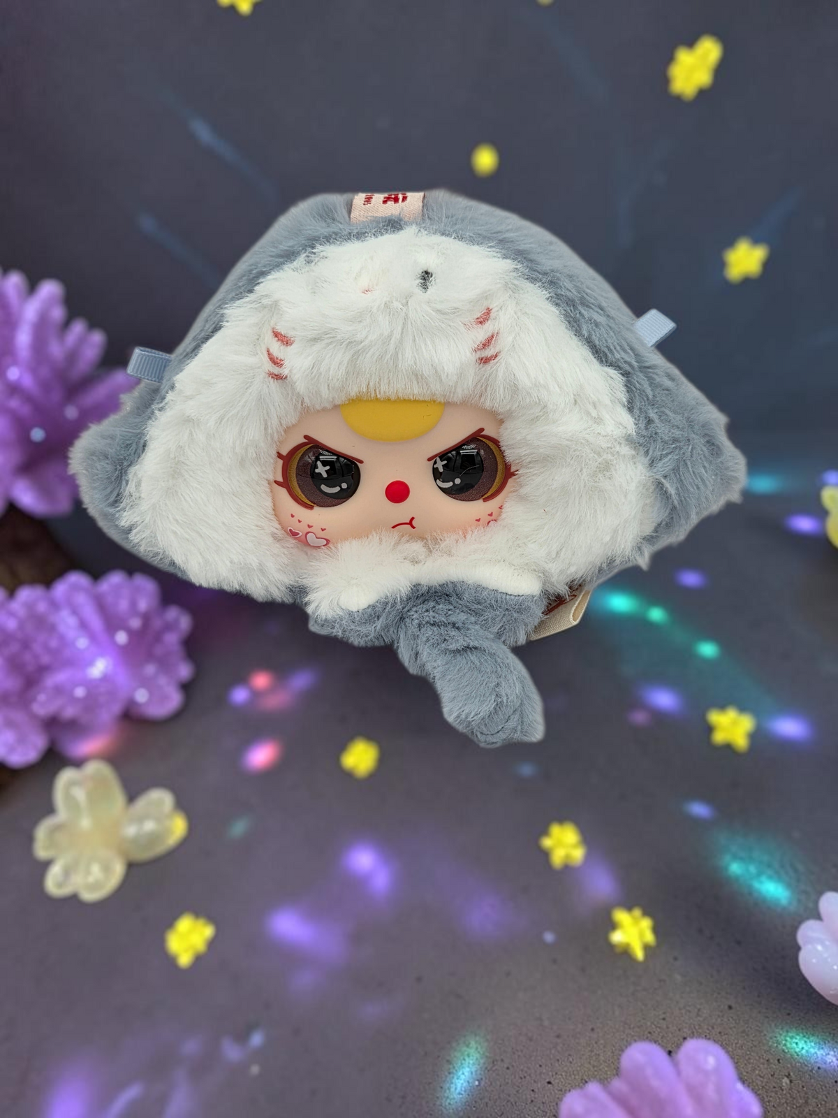 Momof2boyz Shop Baby Three Romantic Ocean stingray plush figure with grey and white fur hood and expressive face
