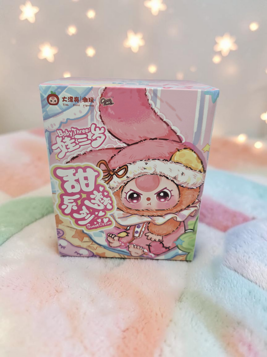 Momof2boyz Shop Baby Three Sweet Dreams blind box featuring a cute pink rabbit character in pastel packaging