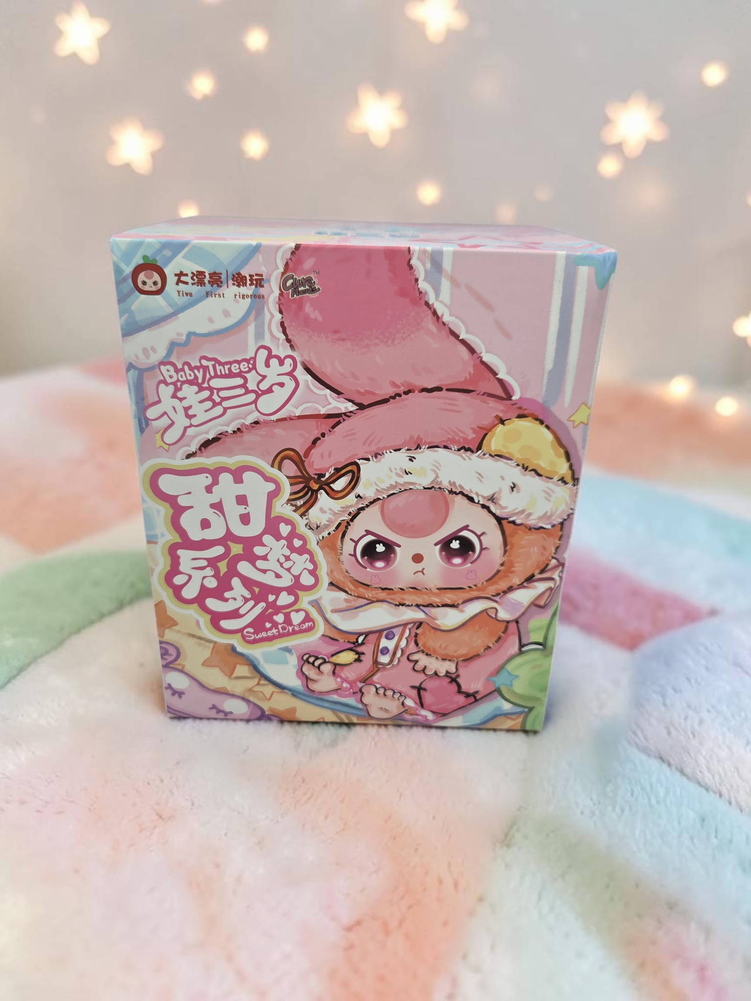 Momof2boyz Shop Baby Three Sweet Dreams blind box featuring a cute pink rabbit character in pastel packaging