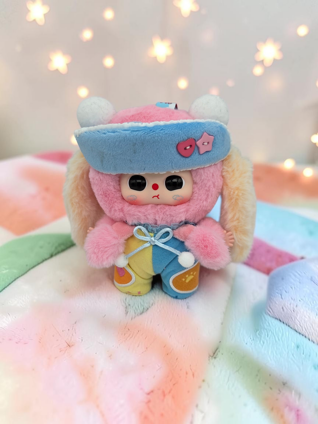 Momof2boyz Shop Baby Three Sweet Dreams plush figure with a pink hood, blue visor, and pastel patchwork overalls.