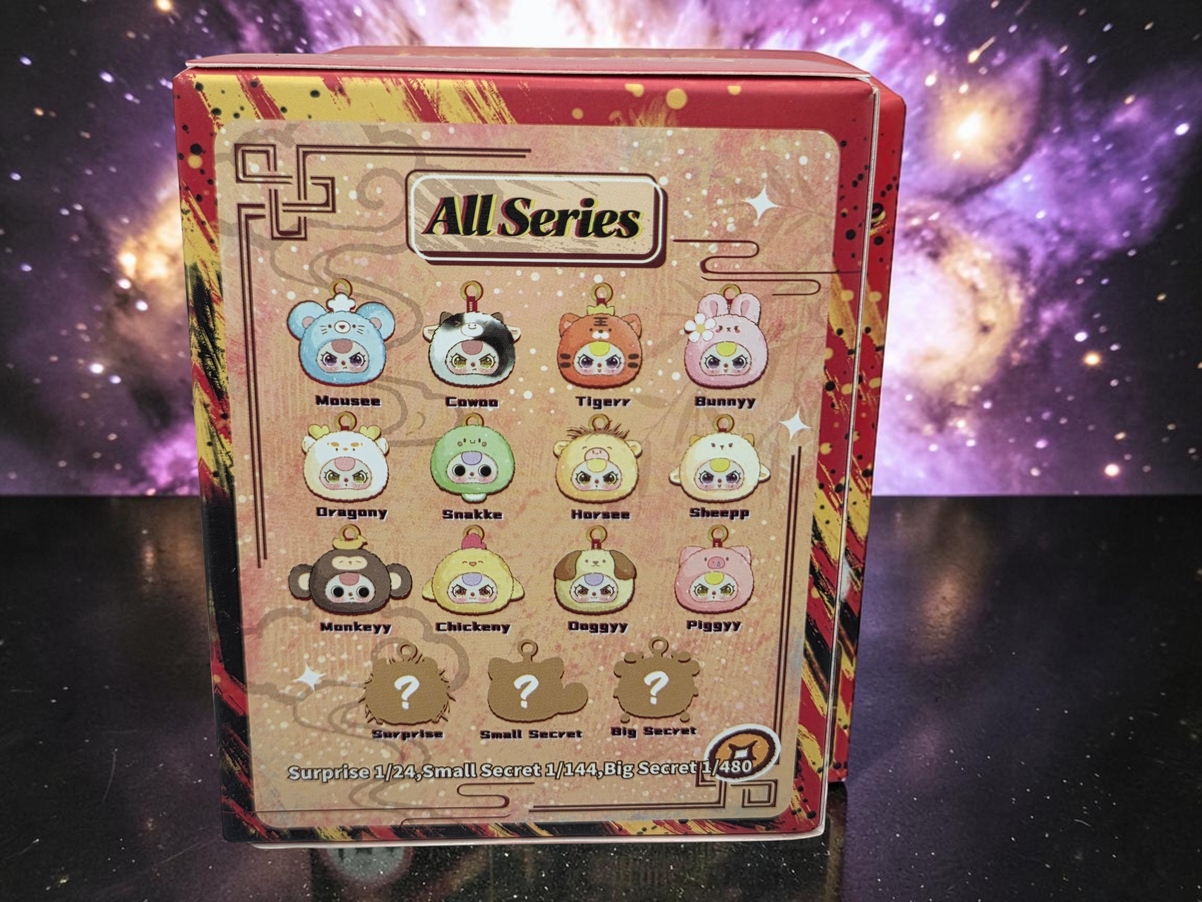 Momof2boyz Shop Baby Three Petit 12 Zodiac Head blind box featuring 12 cute collectible figures like Mouse, Cow, Tiger, Bunny, Dragon, Snake, Horse, Sheep, Monkey, Chicken, Dog, and Pig.