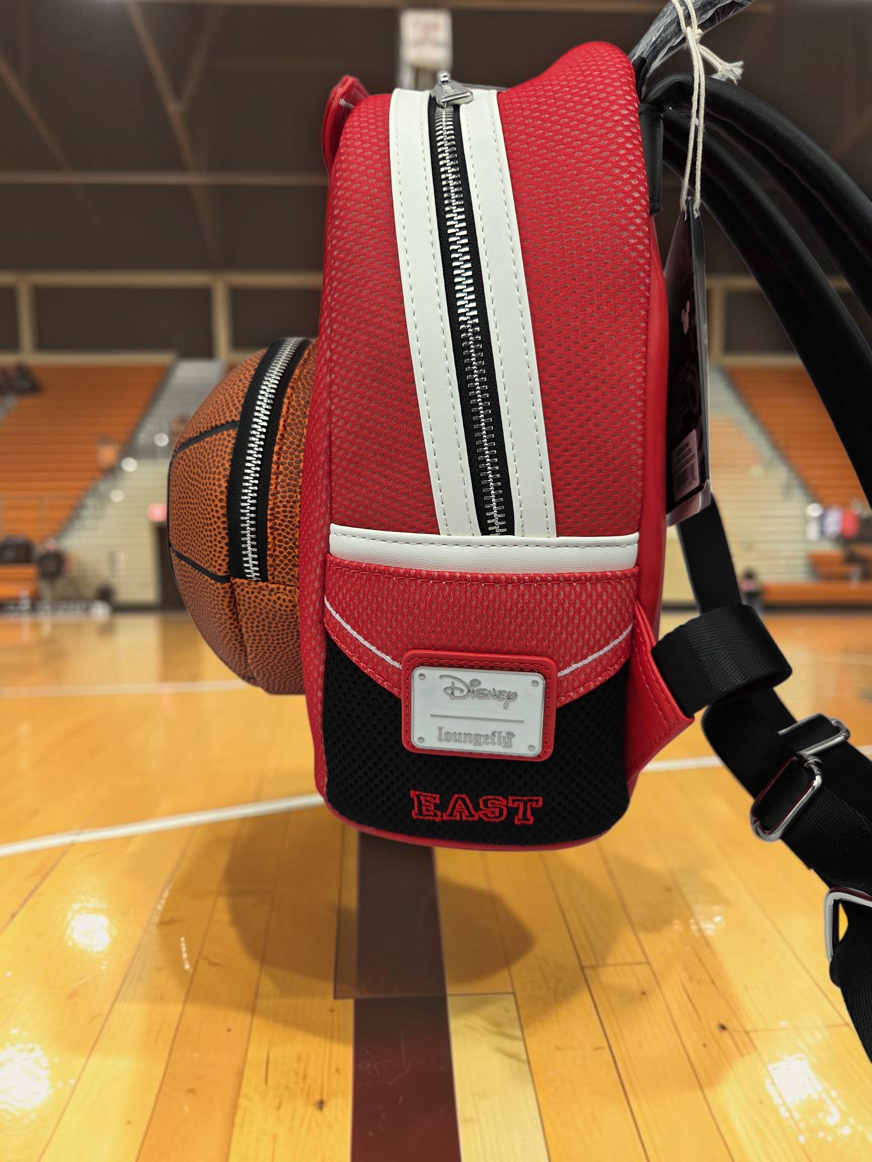 Momof2boyz Shop High School Musical mini backpack in red with a basketball-shaped front pocket and East High branding.