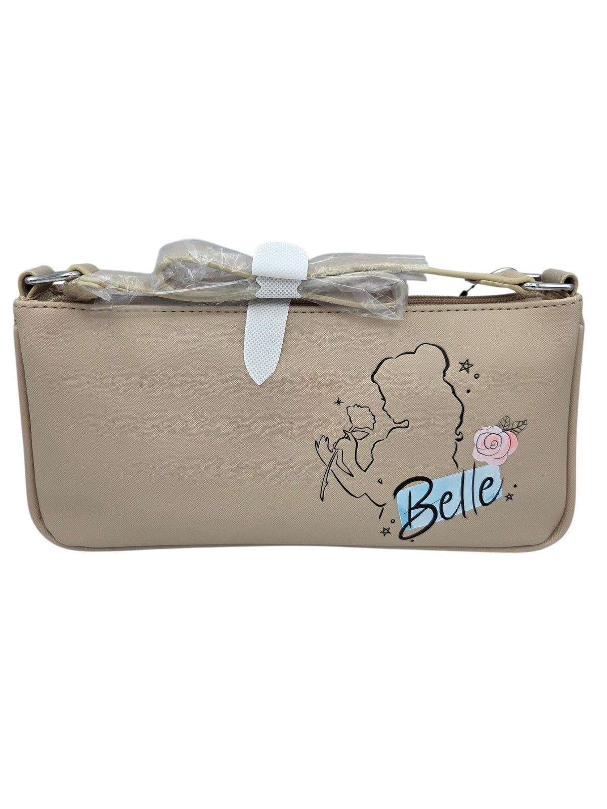 Momof2boyz Shop khaki faux leather Belle shoulder bag featuring artistic line-art of Belle and a rose.