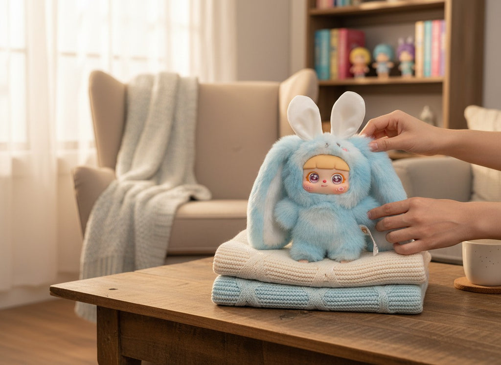 Momof2boyz Shop blue fuzzy rabbit figure with large white ears and a doll face with pink cheeks and large eyes.