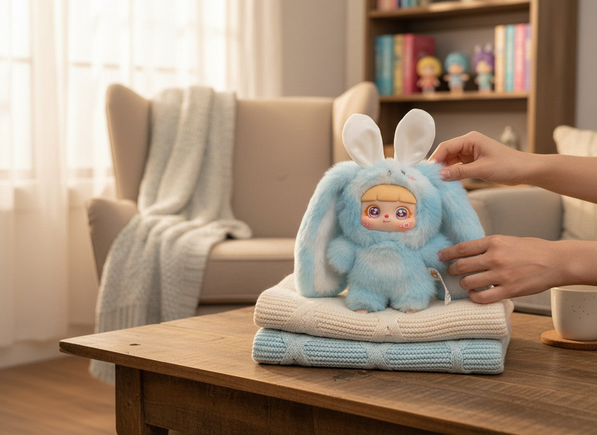 Momof2boyz Shop blue fuzzy rabbit figure with large white ears and a doll face with pink cheeks and large eyes.