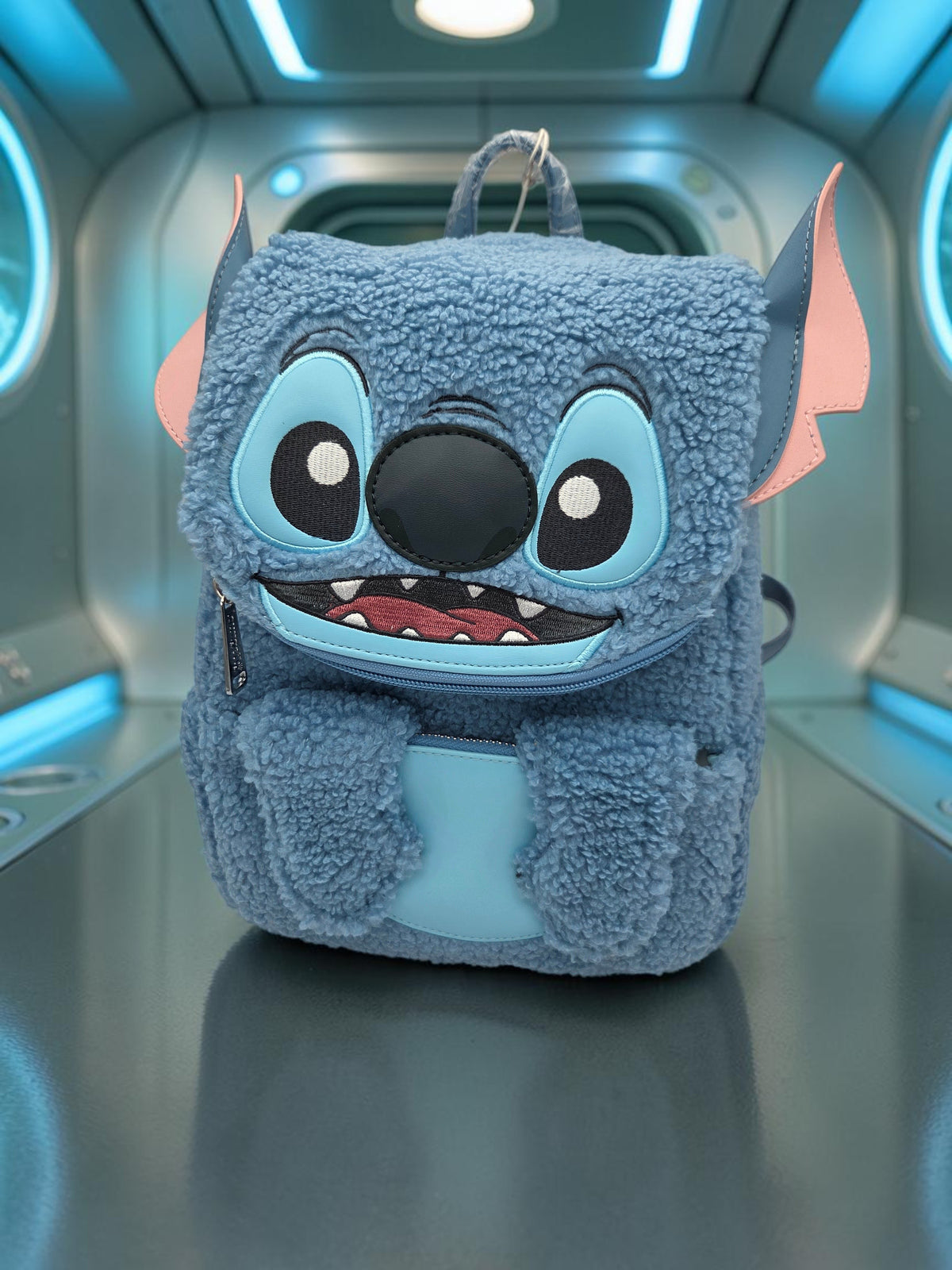 Momof2boyz Shop blue fuzzy Stitch mini backpack with character ears and embroidered face details for kids