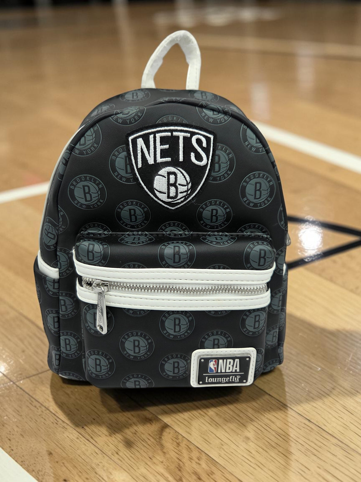 Momof2boyz Shop Brooklyn Nets Loungefly mini backpack in black synthetic leather with white trim and team logo print