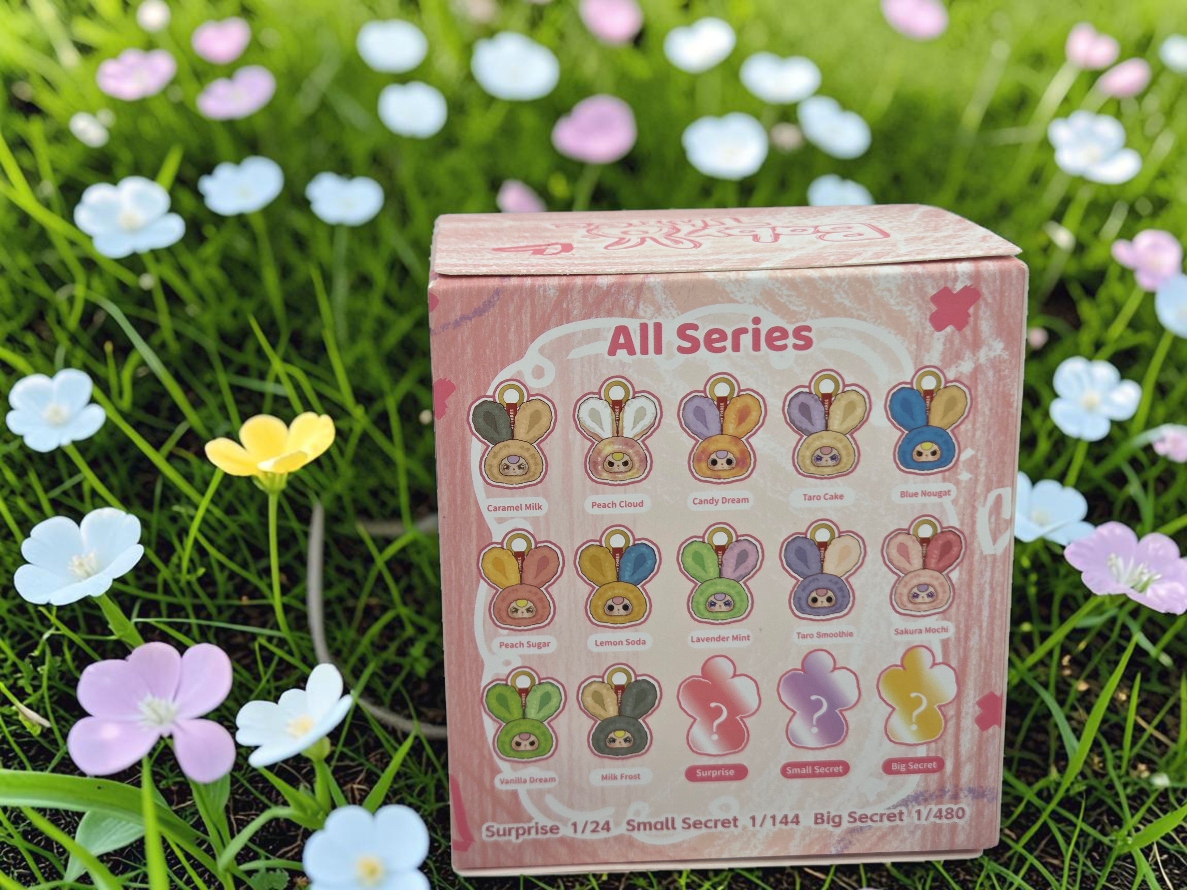 Momof2boyz Shop Baby Three Petit Macaron Cute Bunny Head V2 collectible blind box, Lemon Soda variant with yellow body and blue ears.