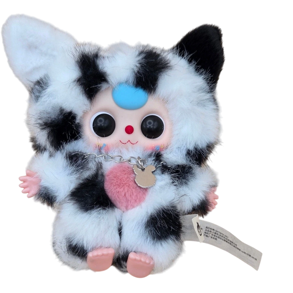 Momof2boyz Shop Dalmatian figurine with black and white fur, pink heart, and blue forehead accent.