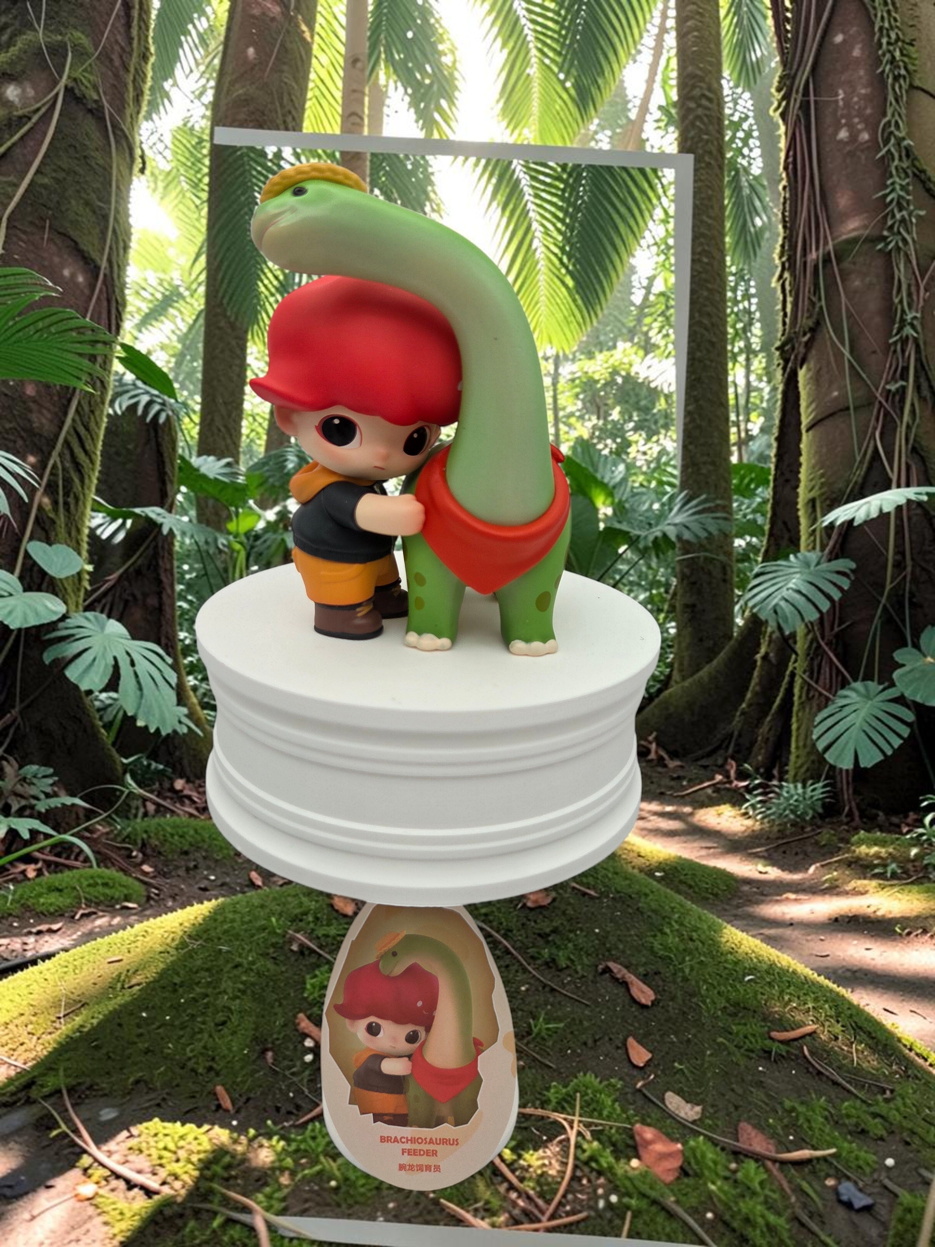 Momof2boyz Shop DIMOO Brachiosaurus Feeder figure hugging a green dinosaur in a lush jungle setting.