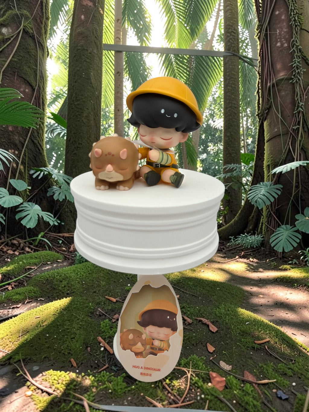 Momof2boyz Shop DIMOO Hug a Dinosaur collectible figure with a triceratops on a white display stand in a forest.