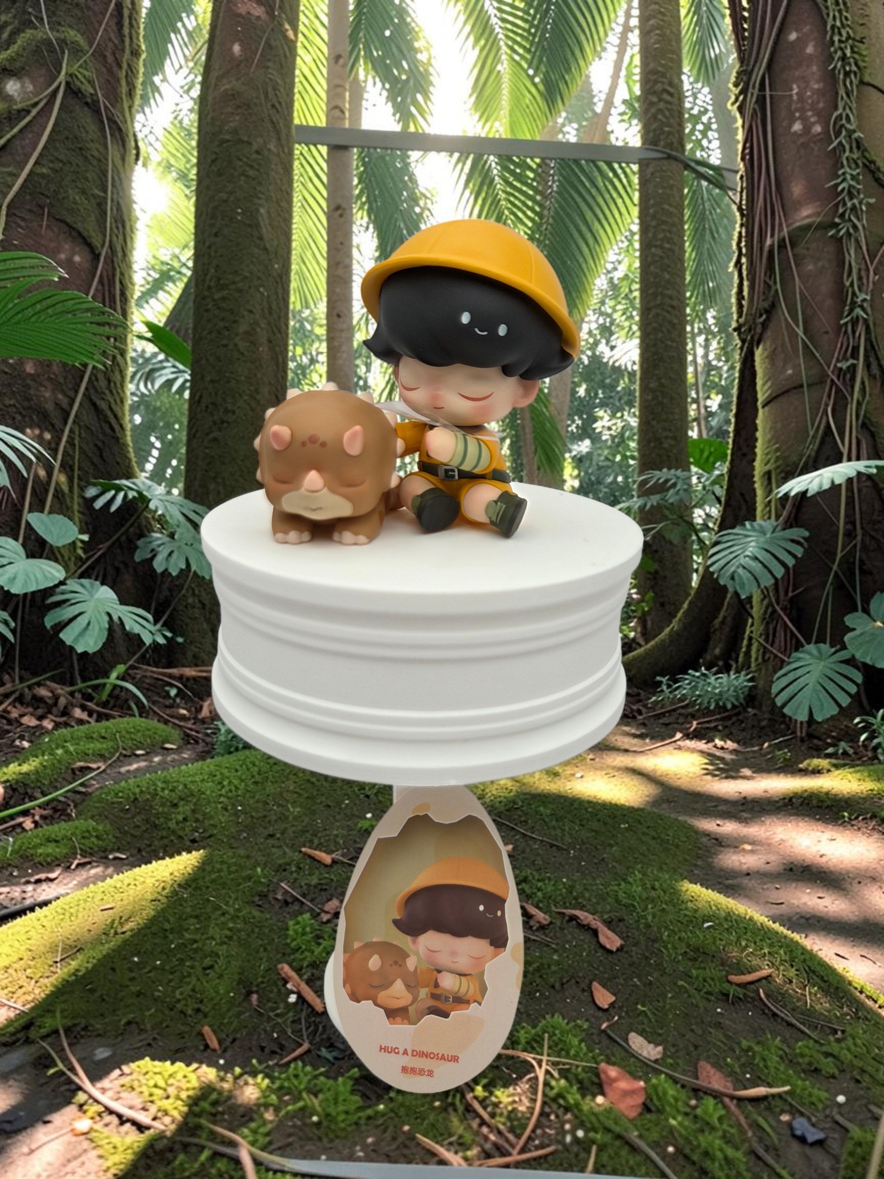 Momof2boyz Shop DIMOO Hug a Dinosaur collectible figure with a triceratops on a white display stand in a forest.