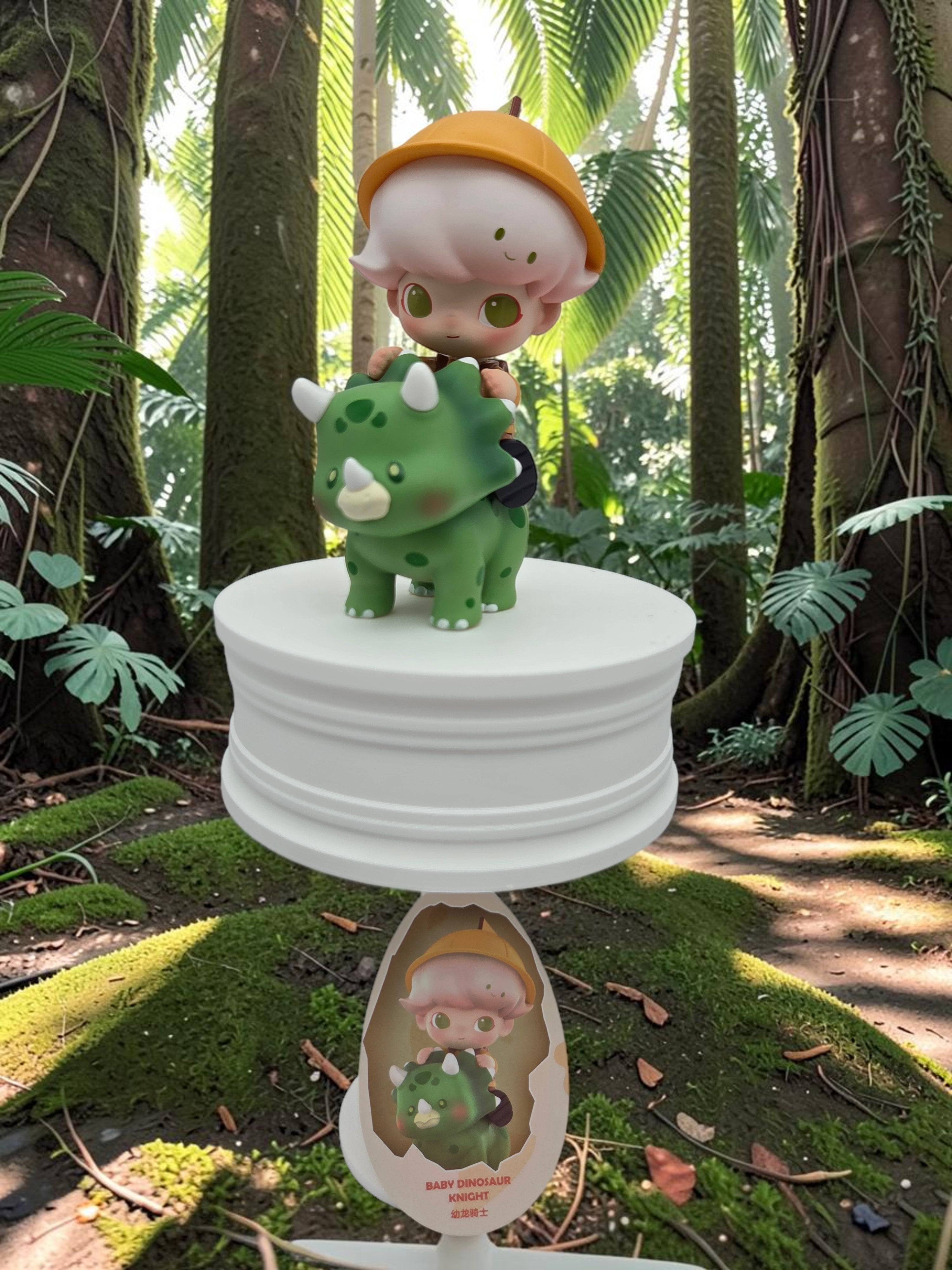 Momof2boyz Shop POP MART DIMOO Jurassic World Baby Dinosaur Knight figure on a white stand in a lush forest setting.
