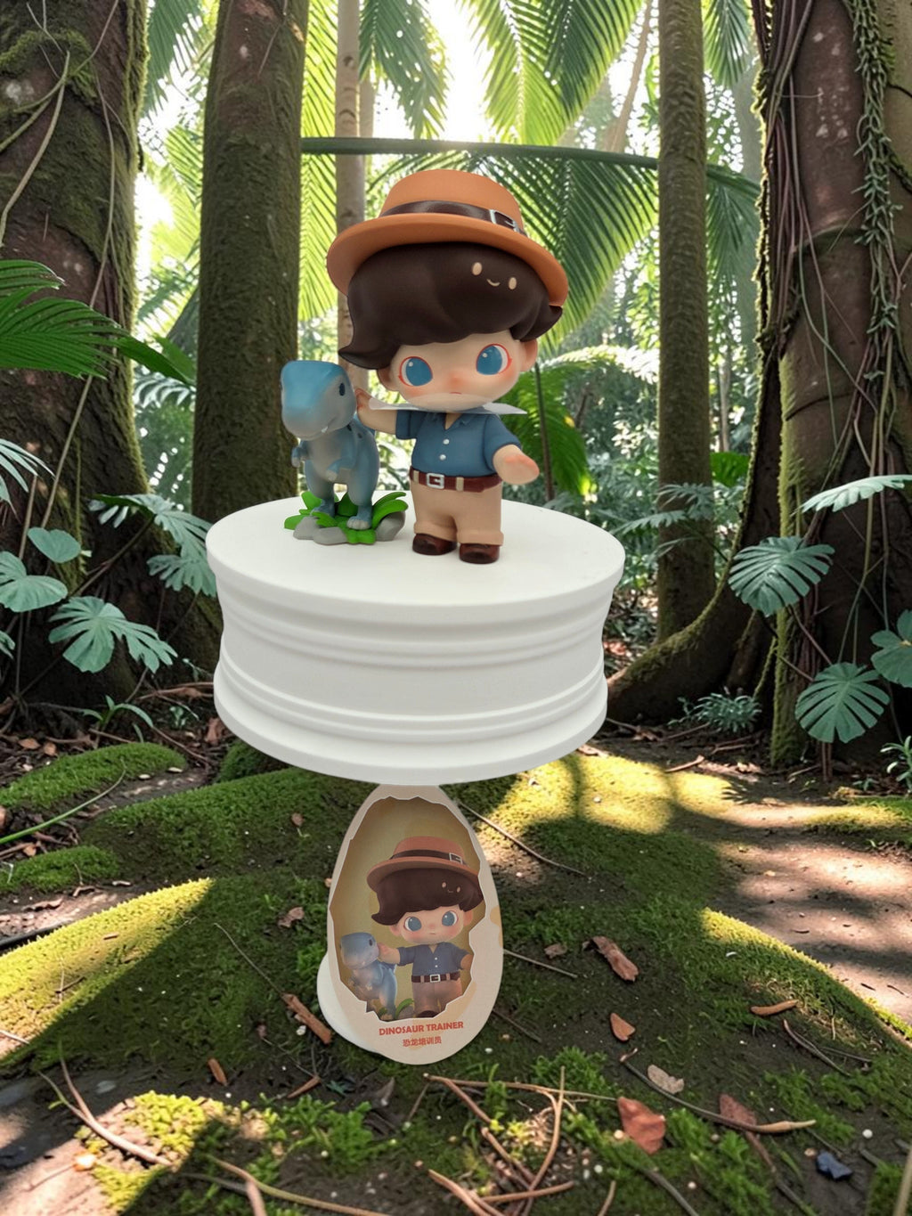 Momof2boyz Shop DIMOO Jurassic World Dinosaur Trainer figure wearing a safari hat and blue shirt with a baby raptor.