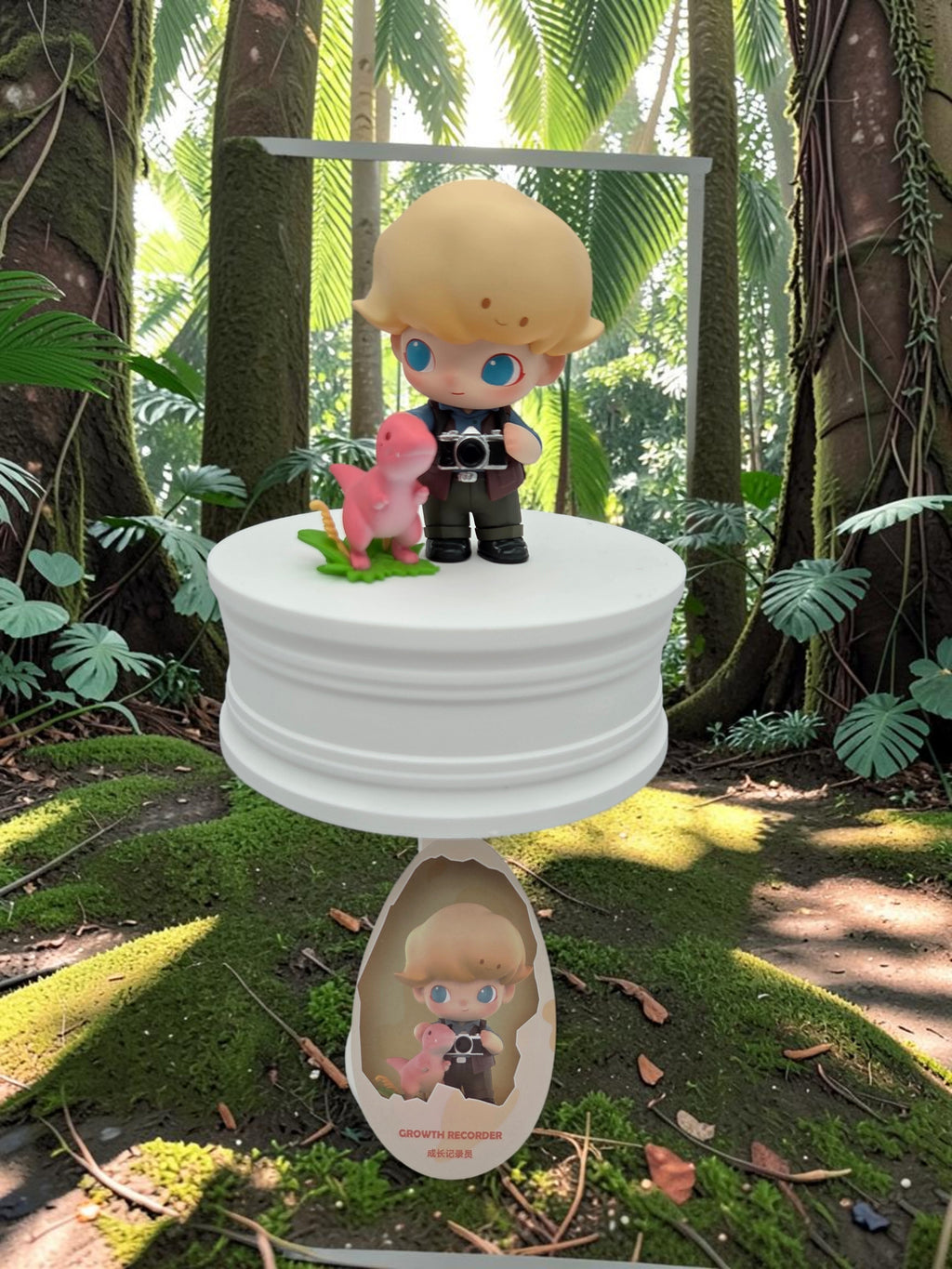Momof2boyz Shop DIMOO Growth Recorder figure with a pink dinosaur, featuring a camera, on a white display stand.